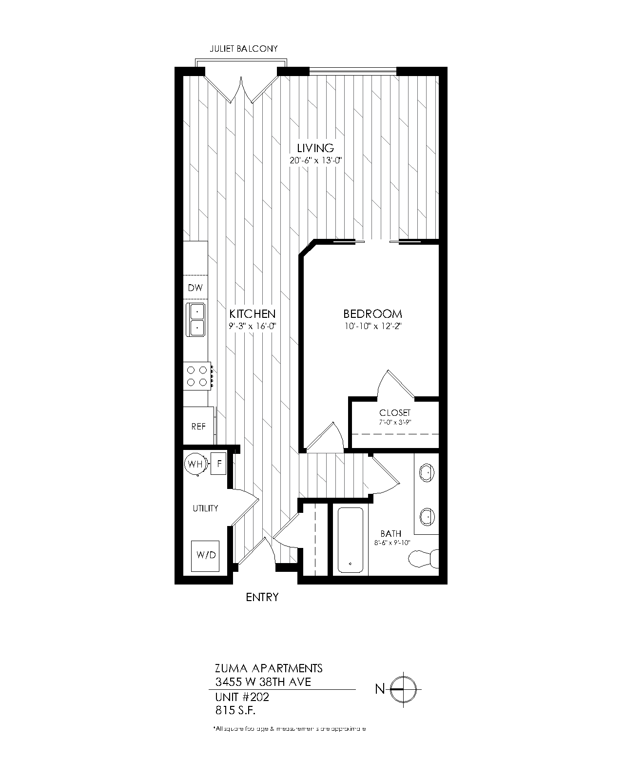 Floor plan for 1 bed, 1 bath, 815 sqft
